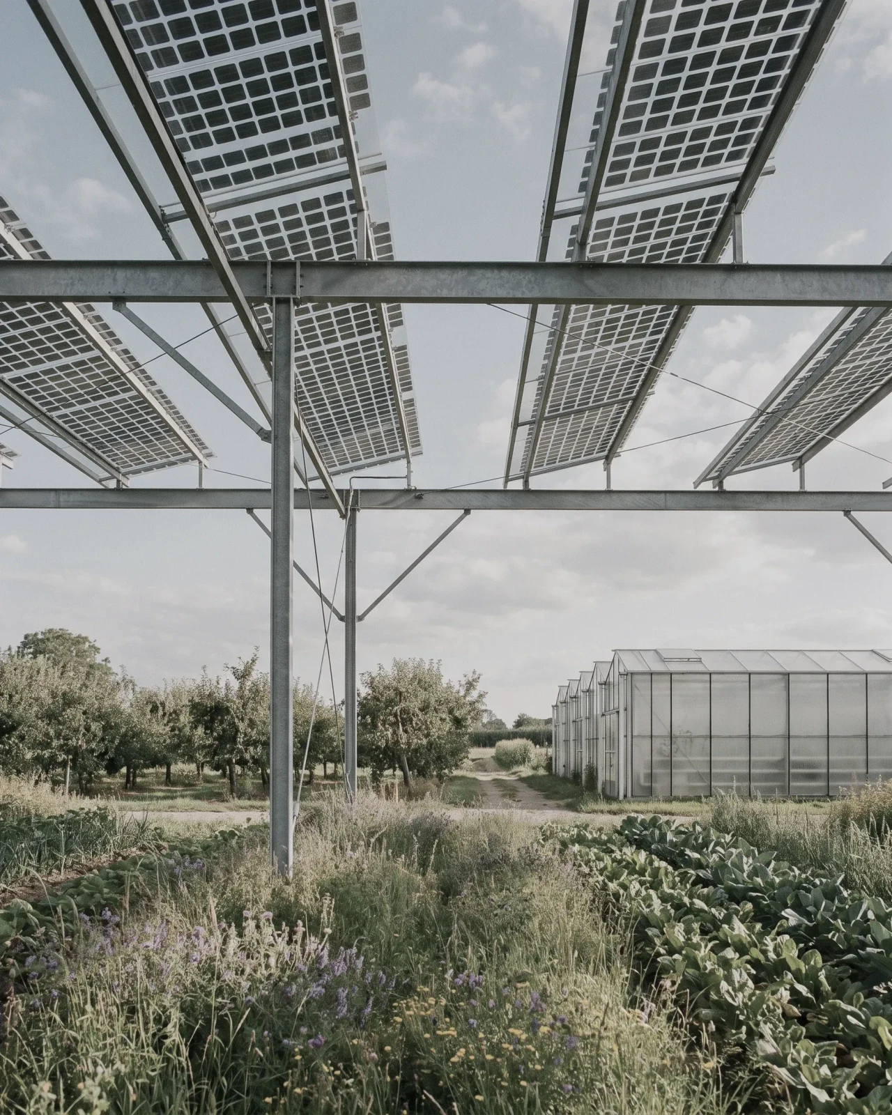 Blick von unten durch eine aufgeständerte Agri-PV-Anlage auf Beete und ein Gewächshaus
