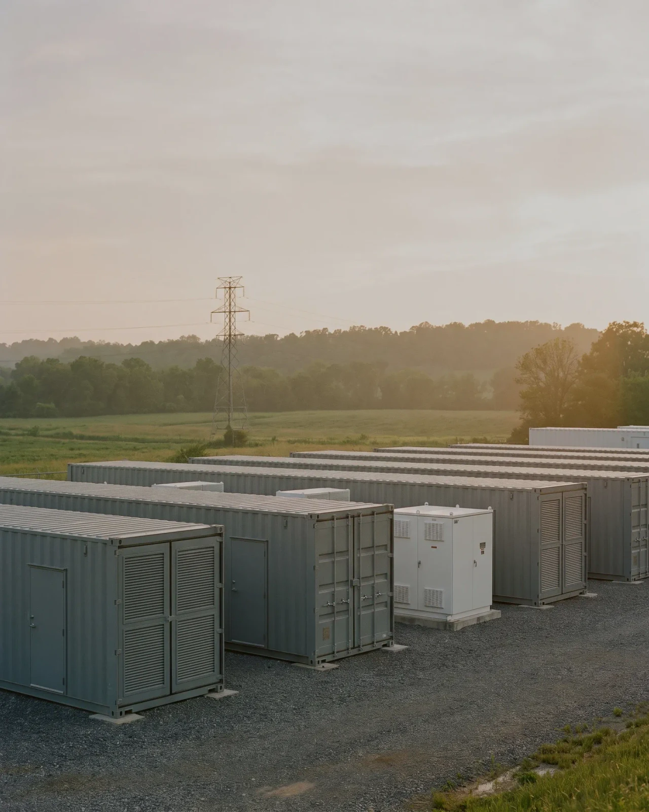 Reihe grauer Batteriespeicher-Container auf einer Freifläche im Abendlicht